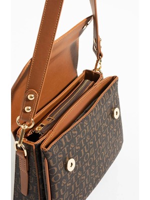Just Polo  Kadın Kahverengi Taba Baskı Desenli Kolon Askılı 3 Bölmeli Omuz Çantası 2184MH