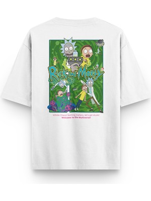 Overoz Rick & Morty Sırt Baskılı Yarı Oversize Unisex Beyaz T-Shirt 1378