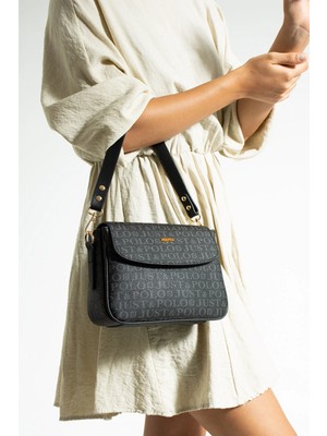 Just Polo  Kadın Siyah Monogram Baskılı Just & Polo Desenli Fermuar Kapama Omuz ve El Çantası