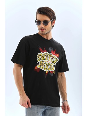 Luz&Pos Erkek Oversize Baskılı Bisiklet Yaka T-Shirt - Siyah