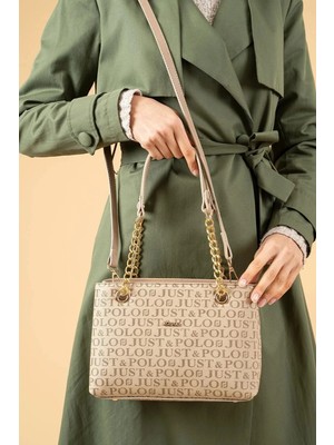 Just Polo  Kadın Zincirli Baskı Desenli El & Omuz Çantası ve Cüzdanı Ebat : 24 x 20 cm Shopper