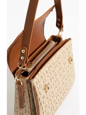 Just Polo  Kadın Kum Taba Baskı Desenli Kolon Askılı 3 Bölmeli Omuz Çantası 2184MH