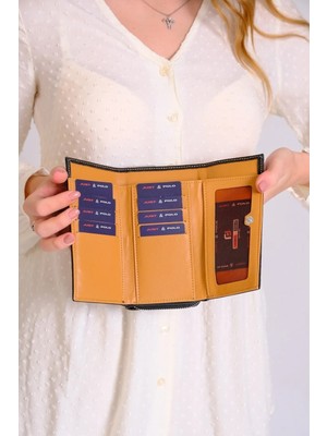 Just Polo  Kadın 8 Kart 1 Kimlik Bölmeli Çıtçıt ve Fermuar Kapama Çok Fonksiyonlu Vegan Cüzdan