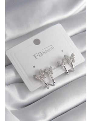 Luz&Pos Pirinç Gümüş Renk Zirkon Taşlı Kelebek Model Kadın Küpe