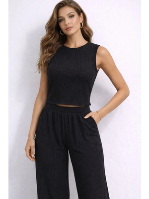 İnce Moda Giyim Siyah Crop Atlet & Bol Paça Pantolon Takım – Dokulu Kumaş