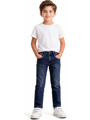 İrem Çocuk Giyim Erkek Çocuk Eskitme Desenli Beli Lastik Ayarlı Fermuar Kapamalı Mavi Renk Kot Pantolon 3476