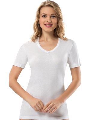 Erdem Kadın Beyaz Kenarları Işlemeli V Yaka Kısa Kollu 6'lı Paket Ribana Tişört Atlet 2101