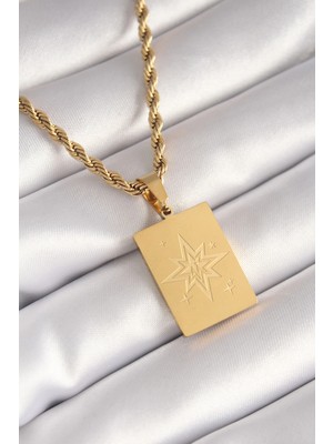 Luz&Pos 316L Çelik Gold Renk Burgu Zincir Kutup Yıldızı Işleme Plaka Figür Kadın Kolye