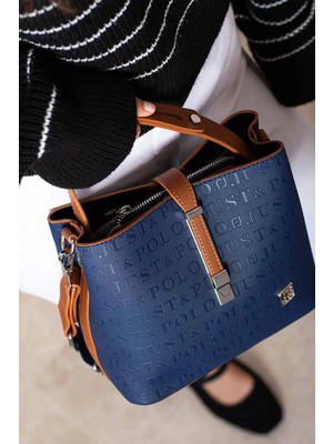 Just Polo  Kadın Orijinal Just Polo Lacivert Taba 3 Gözlü Su Geçirmez Çapraz ve Omuz Çantası 22 x 20 cm
