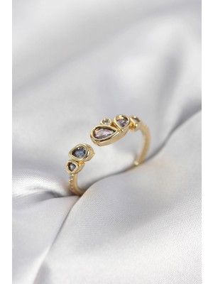 İsmiyle Al Gold Renk Mor Damla Zirkon Taşlı Kadın Yüzük