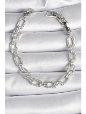 İsmiyle Al Pirinç Gümüş Renk Zirkon Taşlı Zincir Model Vıp Seri Kadın Bileklik