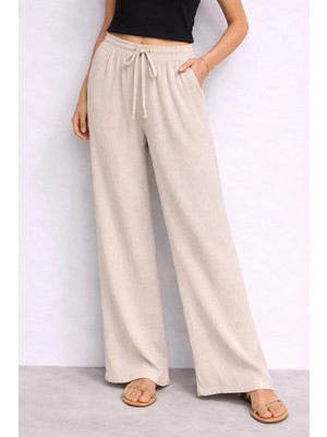 İnce Moda Giyim Kadın Bol Paça Lastikli Pantolon – Dokulu Yazlık Kumaş