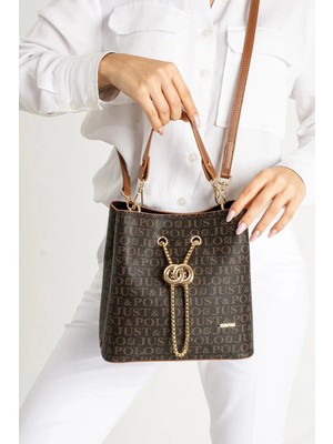 Just Polo  Kadın Kahve Camel Monogram Desenli Mıknatıslı Çıtçıt Kapama El ve Omuz Çantası MH4031MH