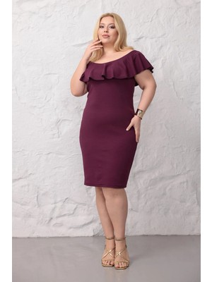 Madwilo Kadın Mor Omuz Detay Fırfır Yaka Esnek Büyük Beden Elbise