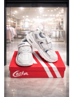 Costa Beyaz Çocuk Spor Ayakkabı Cırt Cırtlı Hafif Rahat Kaymaz Taban Günlük Sneaker Erkek Kız Çocuk Ayakkabısı