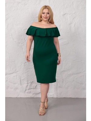 Madwilo Kadın Zümrüt Yeşil Omuz Detay Fırfır Yaka Esnek Büyük Beden Elbise