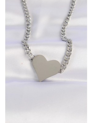 Luz&Pos 316L Çelik Zincir Gümüş Renk Düz Plaka Kalp Kolye