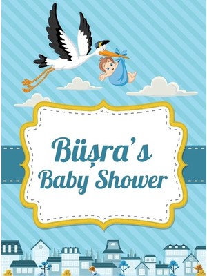 Reysa Tasarım Mavi Çizgili Leylek Temalı Baby Shower Afişi 35X50 cm