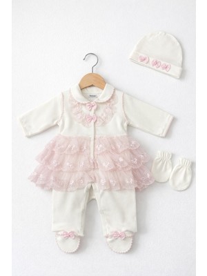 Kardeşler Bebe Dantelli Patikli Tulum Seti (Bere & Eldivenli)