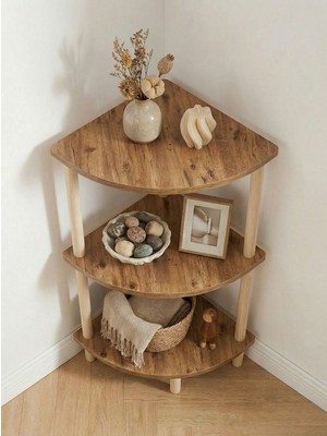 Pratico Ovalis Atlantik Çam Ahşap Köşeli Çok Amaçlı Raf Köşe Yan Sehpa 3 Katlı