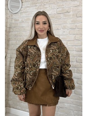 Muna Boutique Zelyon Ithal Desenli Fermuarlı Kadın Ceket