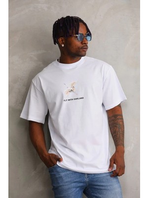 Luz&Pos Erkek Baskılı Oversize T-Shirt - Beyaz