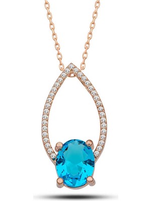Tienda Elegante Gümüş Rose Turkuaz Oval Taşlı Kadın Kolye