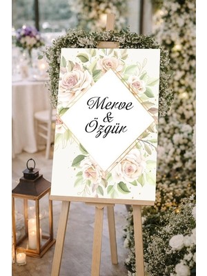 Reysa Tasarım Krem Sade Çiçekli Düğün, Nişan ve Söz Karşılama Panosu – 50X70 cm