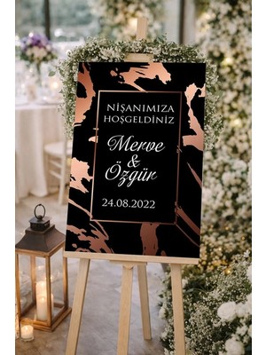 Reysa Tasarım Siyah Rose Gold Detaylı Düğün, Nişan ve Söz Karşılama Panosu – 50X70 cm