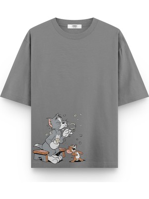 Overoz Tom ve Jerry Baskılı Yarı Oversize Unisex  Gri Tshirt 1379