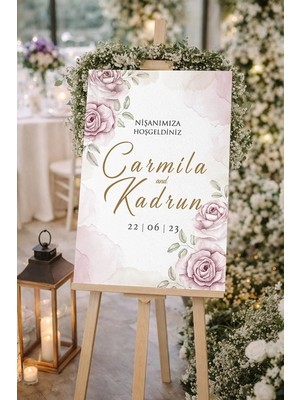 Reysa Tasarım Pembe Güllü Düğün, Nişan ve Söz Karşılama Panosu – 50X70 cm