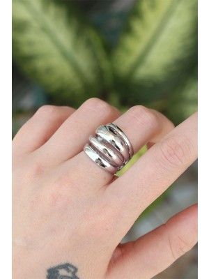 Luz&Pos Pirinç Gümüş Renk Ayarlanabilir Tırtıklı Bombe Yüzük