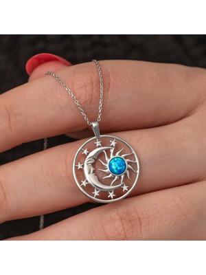 Tienda Elegante Gümüş Opal Mavi Taşlı Ay Güneş Kadın Kolye