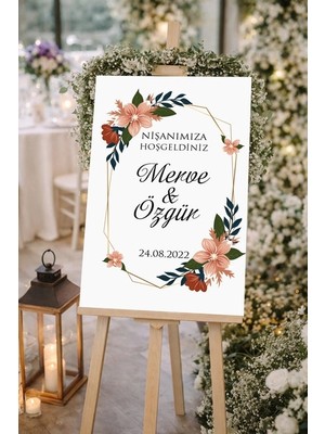 Reysa Tasarım Krem Çiçekl ve Çerçeveli  Düğün, Nişan ve Söz Karşılama Panosu – 50X70 cm