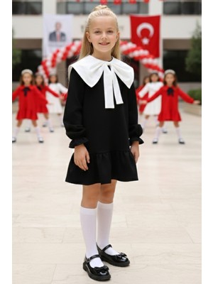Parla Kids Kız Çocuk Rashel Siyah Elbise Beyaz Yakalı Fırfırlı Uzun Kol 23 Nisan 29 Ekim Gösteri Elbisesi