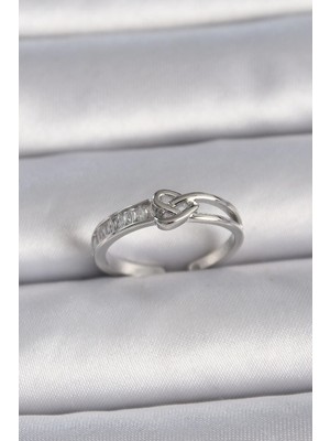 İsmiyle Al Pirinç Gümüş Renk Ayarlanabilir Zirkon Taşlı Düğüm Kalp Model Kadın Yüzük