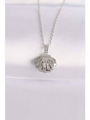 Luz&Pos 316L Çelik Zincir Gümüş Renk Zirkon Taşlı Inci Detay Istiridye Kolye