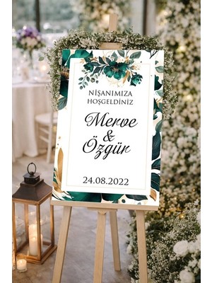 Reysa Tasarım Yeşil Çiçekli Düğün, Nişan ve Söz Karşılama Panosu – 50X70 cm
