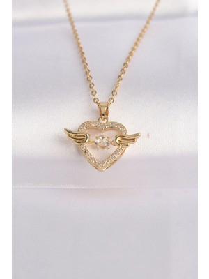 Luz&Pos 316L Çelik Zincir Altın Renk Zirkon Taşlı Kanatlı Kalp Kolye