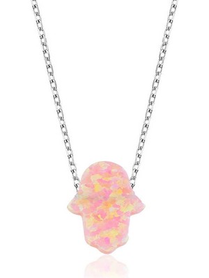 Tienda Elegante Gümüş Pembe Opal Fatma Ana Eli Bayan Kolye