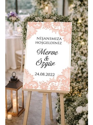 Reysa Tasarım Pembe Detaylı Düğün, Nişan ve Söz Karşılama Panosu – 50X70 cm