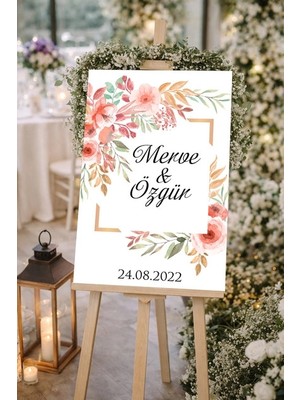 Reysa Tasarım Beyaz Çiçekli Çerçeveli Düğün, Nişan ve Söz Karşılama Panosu – 50X70 cm