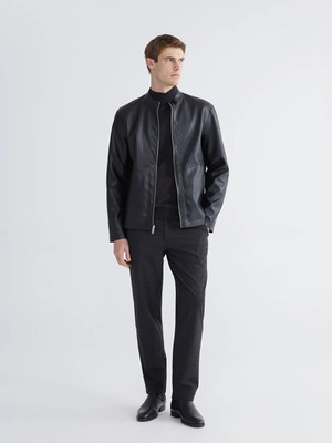 LC Waikiki Siyah Standart Kalıp Dik Yaka Erkek Deri Görünümlü Mont