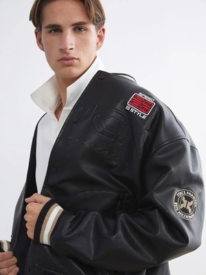 LC Waikiki Siyah Rahat Kalıp Kolej Yaka Erkek Deri Görünümlü Mont