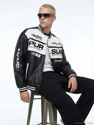 LC Waikiki Siyah Rahat Kalıp Baskılı Erkek Deri Görünümlü Mont