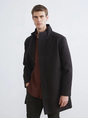 LC Waikiki Kahverengi Standart Kalıp Dik Yaka Erkek Kaşe Kaban