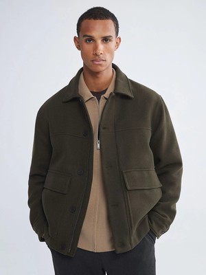 LC Waikiki Haki Standart Kalıp Gömlek Yaka Erkek Kaşe Mont