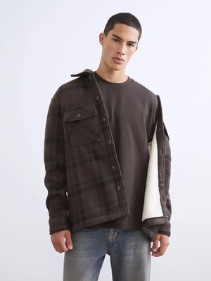 LC Waikiki Kahverengi Rahat Kalıp Uzun Kollu Ekose Erkek Gömlek Ceket