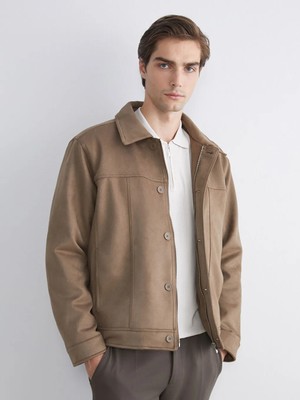 LC Waikiki Bej Rahat Kalıp Gömlek Yaka Süet Erkek Mont