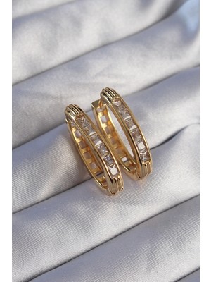 Luz&Pos Pirinç Gold Renk Zirkon Taşlı Oval Model Küpe